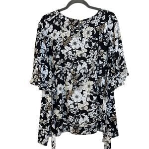 NWT Liz Claiborne Woman 3X Black Floral Blouse Short Bell Sleeves Ties at Waist